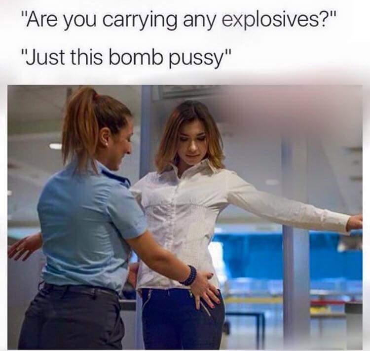 you carrying any explosives meme - "Are you carrying any explosives?" "Just this bomb pussy"
