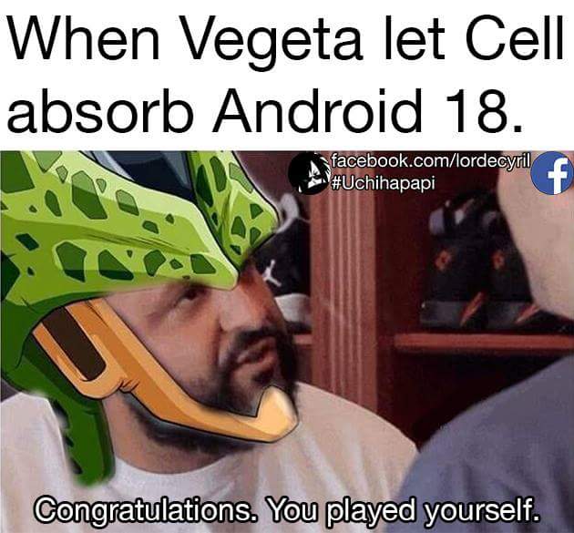 cell absorb meme - When Vegeta let Cell absorb Android 18. facebook.comlordecyril Congratulations. You played yourself.