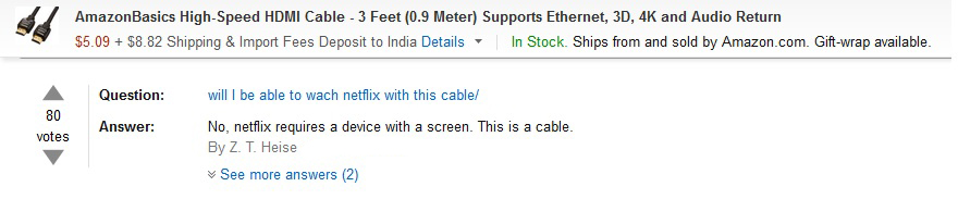 number - AmazonBasics HighSpeed Hdmi Cable 3 Feet 0.9 Meter Supports Ethernet, 3D, 4K and Audio Return $5.09 $8.82 Shipping & Import Fees Deposit to India Details In Stock. Ships from and sold by Amazon.com. Giftwrap available. Question will be able to wa