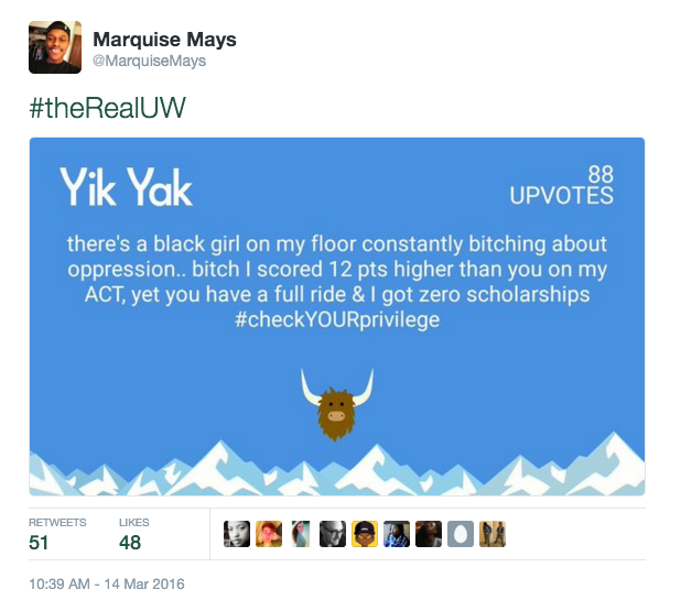 online advertising - Marquise Mays Mays Yik Yak Upvotes there's a black girl on my floor constantly bitching about oppression.. bitch I scored 12 pts higher than you on my Act, yet you have a full ride & I got zero scholarships 48 Ungep20N 51