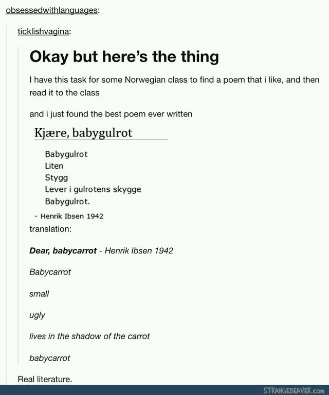 quotes funny - obsessedwithlanguages ticklishvagina Okay but here's the thing I have this task for some Norwegian class to find a poem that i , and then read it to the class and i just found the best poem ever written Kjre, babygulrot Babygulrot Liten Sty