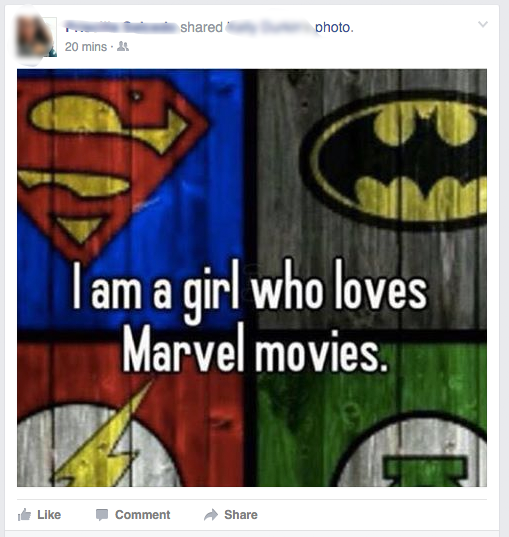 am a girl who loves marvel movies - d photo. 20 mins. I am a girl who loves Marvel movies. Comment
