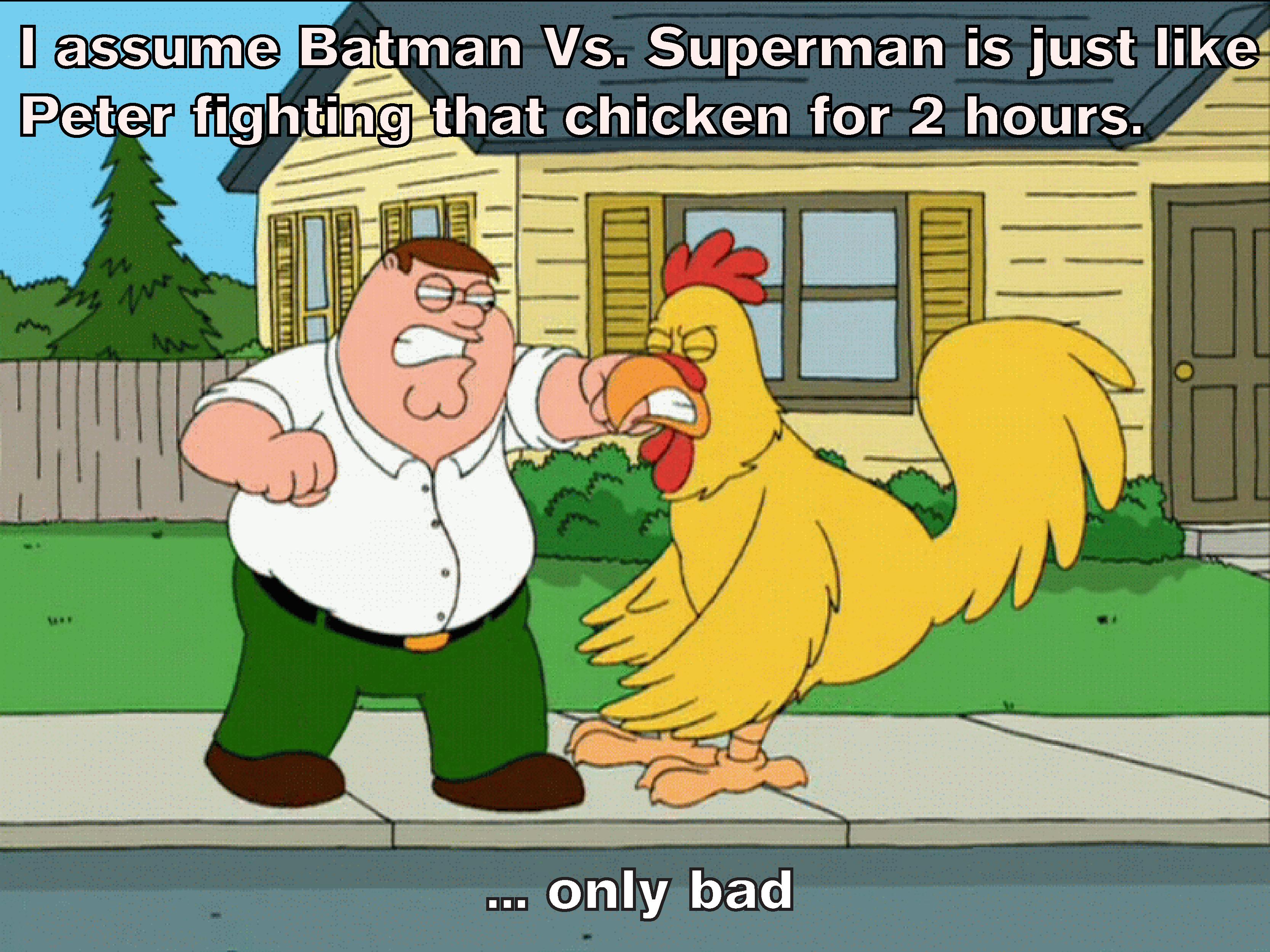 family guy chicken fight - I assume Batman Vs. Superman is just Peter fighting that chicken for 2 hours. ... only bad