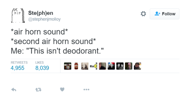 air horn sound second air horn sound - hip Stephen air horn sound second air horn sound Me "This isn't deodorant." 4,955 8,039 Toh O