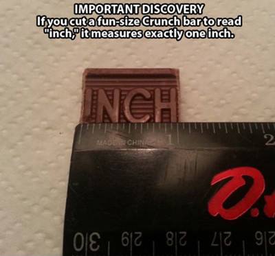 inch memes - Important Discovery If you cut a funsize Crunch bar to read "inch, it measures exactly one inch. Inch o 612 812 229