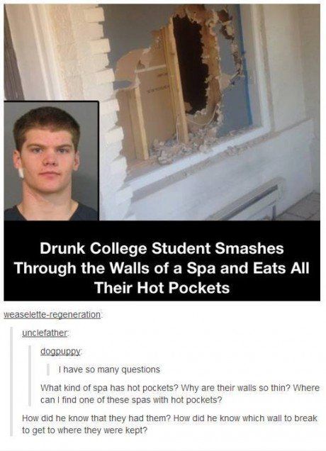 college student meme - Drunk College Student Smashes Through the Walls of a Spa and Eats All Their Hot Pockets weaseletteregeneration uncleather dogpuppy Thave so many questions What kind of spa has hot pockets? Why are their walls so thin? Where can I fi