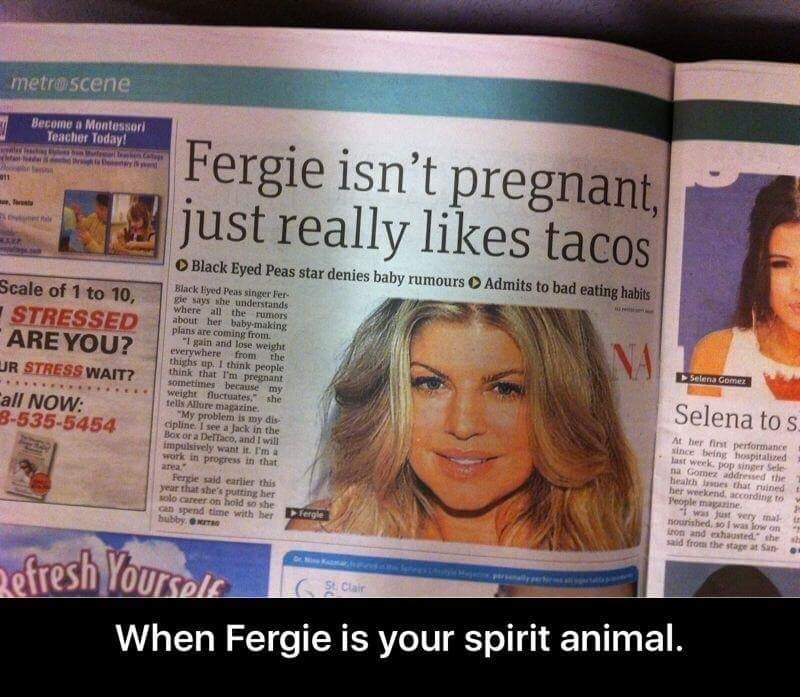 fergie funny - metroscene Become a Montessori Teacher Today! Fergie isn't pregnant, just really tacos Black Eyed Peas star denies baby rumours Admits to bad eating habits Scale of 1 to 10, Stressed Are You? Ur Stress Wait? all Now 85355454 Selena Gomez Bl