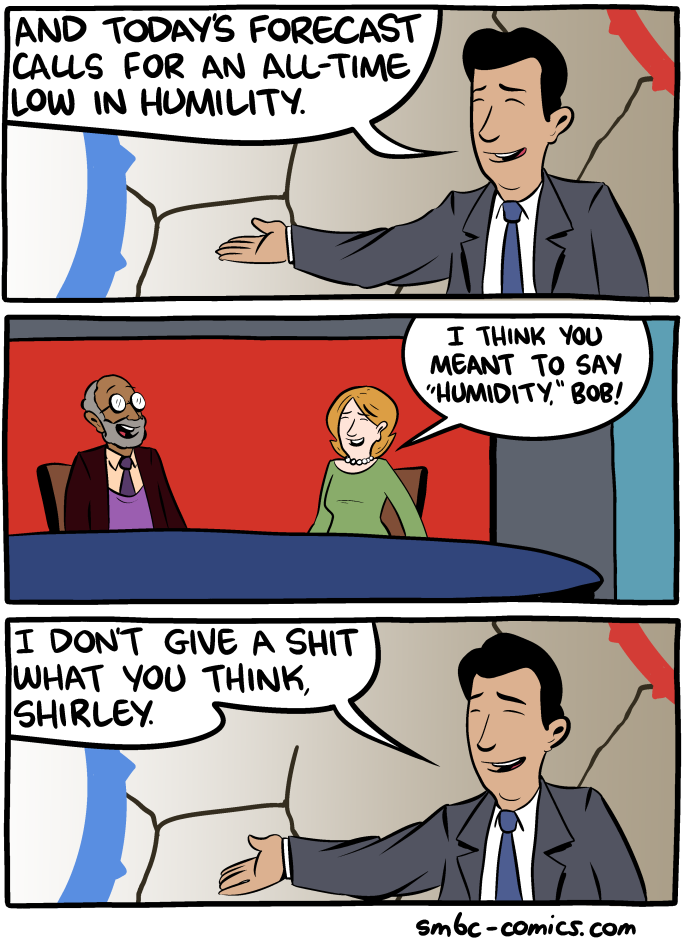 comics - Jand Today'S Forecast Calls For An AllTime Ilow In Humility. I Think You Meant To Say "Humidity," Bob! I Don'T Give A Shit What You Think, Shirley. smbccomics.com