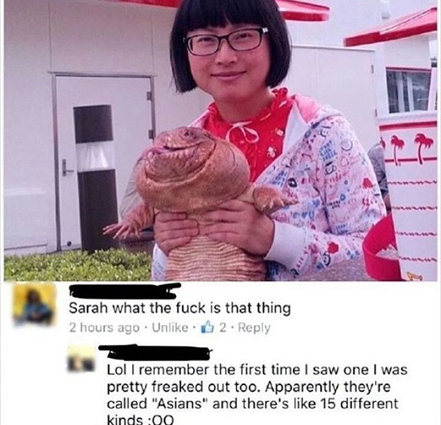 sarah wtf is that thing - Sarah what the fuck is that thing 2 hours ago Un. 2. Lol I remember the first time I saw one I was pretty freaked out too. Apparently they're called "Asians" and there's 15 different kinds 00