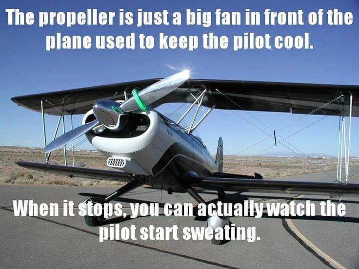 rc airplane memes - The propeller is just a big fan in front of the plane used to keep the pilot cool. When it stops, you can actually watch the pilot start sweating.