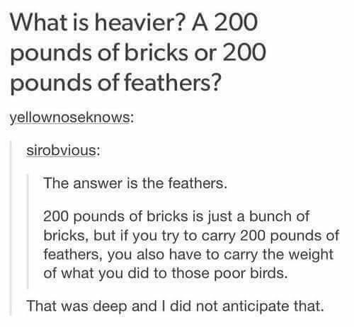heavier 200 pounds of bricks - What is heavier? A 200 pounds of bricks or 200 pounds of feathers? yellownoseknows sirobvious The answer is the feathers. 200 pounds of bricks is just a bunch of bricks, but if you try to carry 200 pounds of feathers, you al