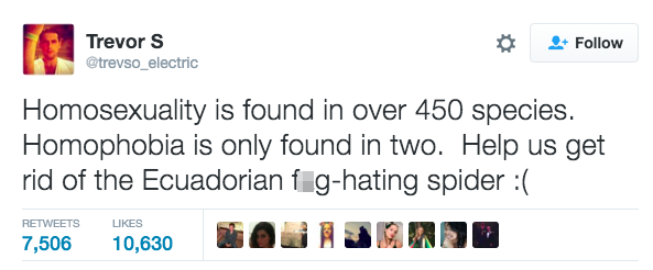 scottish twitter posts - Trevor S Homosexuality is found in over 450 species. Homophobia is only found in two. Help us get rid of the Ecuadorian fighating spider 7,506 40,630 Soalan 3D