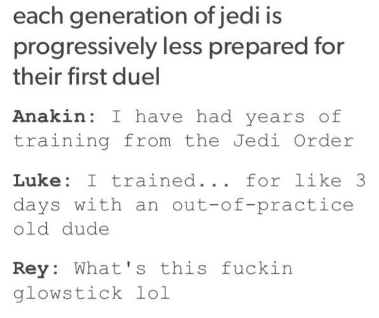 determine the output of the system described - each generation of jedi is progressively less prepared for their first duel Anakin I have had years of training from the Jedi Order Luke I trained... for 3 days with an outofpractice old dude Rey What's this 