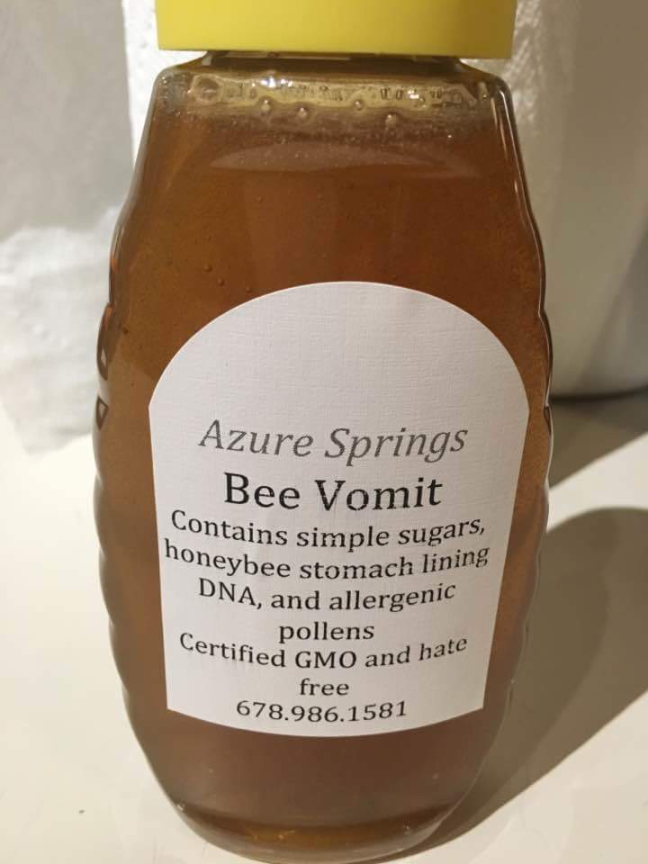 caramel color - honeybee sto Azure Springs Bee Vomit contains simple sugars, leybee stomach lining Dna, and allergenic pollens Certified Gmo and ha free 678.986.1581