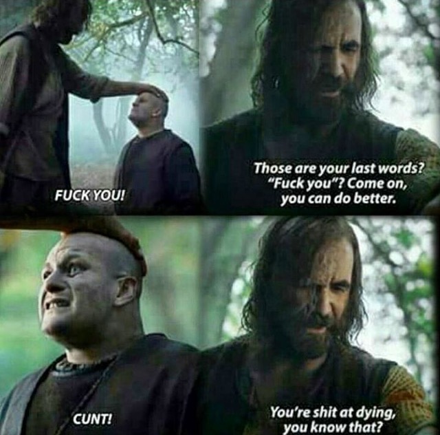 hound memes game of thrones - Those are your last words? "Fuck you"? Come on, you can do better. Fuck You! Cunt! You're shit at dying, you know that?