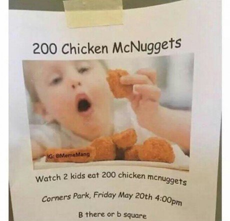 red cross war memorial children's hospital - 200 Chicken McNuggets Ig Mang chicken mcnuggets Watch 2 kids eat 200 chicken menu Corners Park, Friday May 20th y 20th pm B there or b square