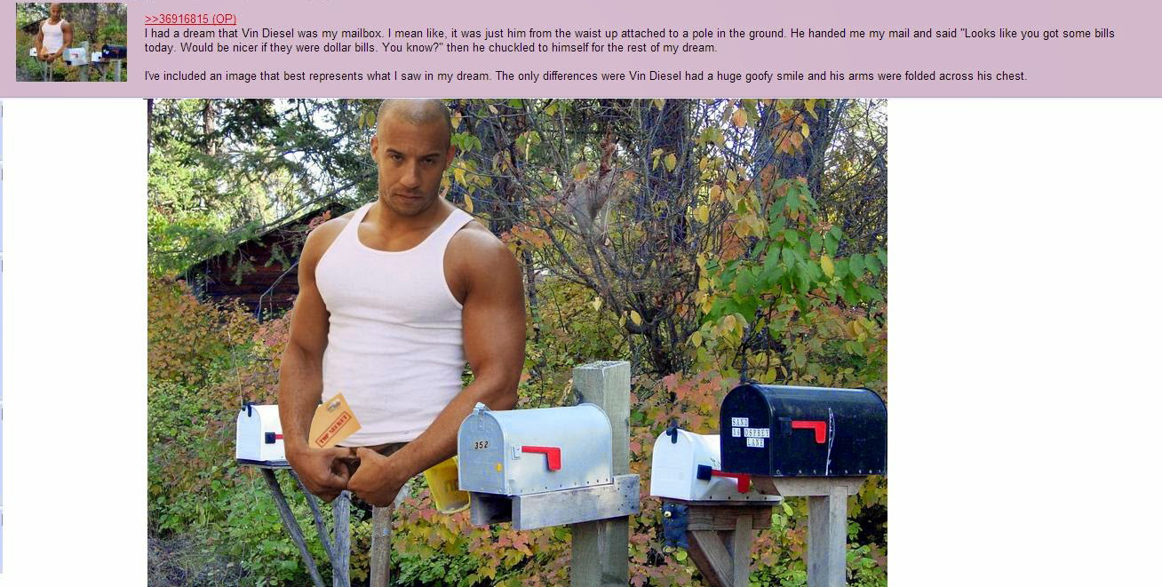 vin diesel dream - > I had a dream that Vin Diesel was my mailbox I mean i today would be nice if they were dobil You know t was just him from the waist up attached to a pole in the ground. He handed me my malandad "Look We you got some biks then the chec