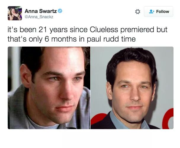 memes - paul rudd aging meme - Anna Swartz it's been 21 years since Clueless premiered but that's only 6 months in paul rudd time