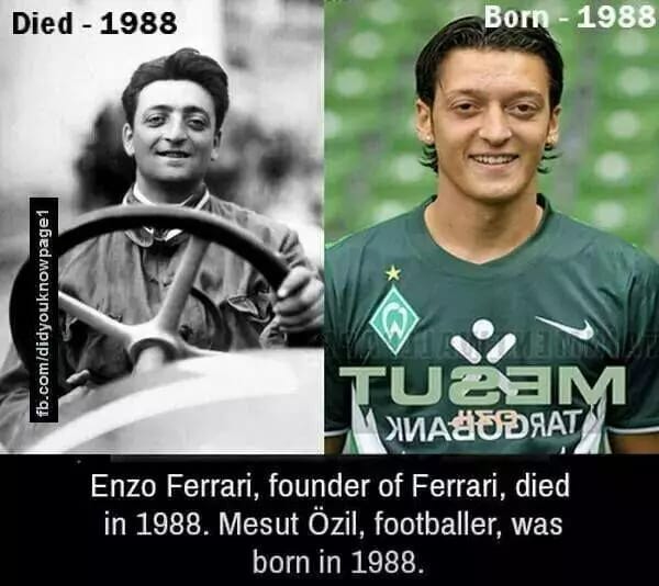ferrari and ozil - Died 1988 Born 1988 fb.comdidyouknowpage1 Tupom Enzo Ferrari, founder of Ferrari, died in 1988. Mesut zil, footballer, was born in 1988.