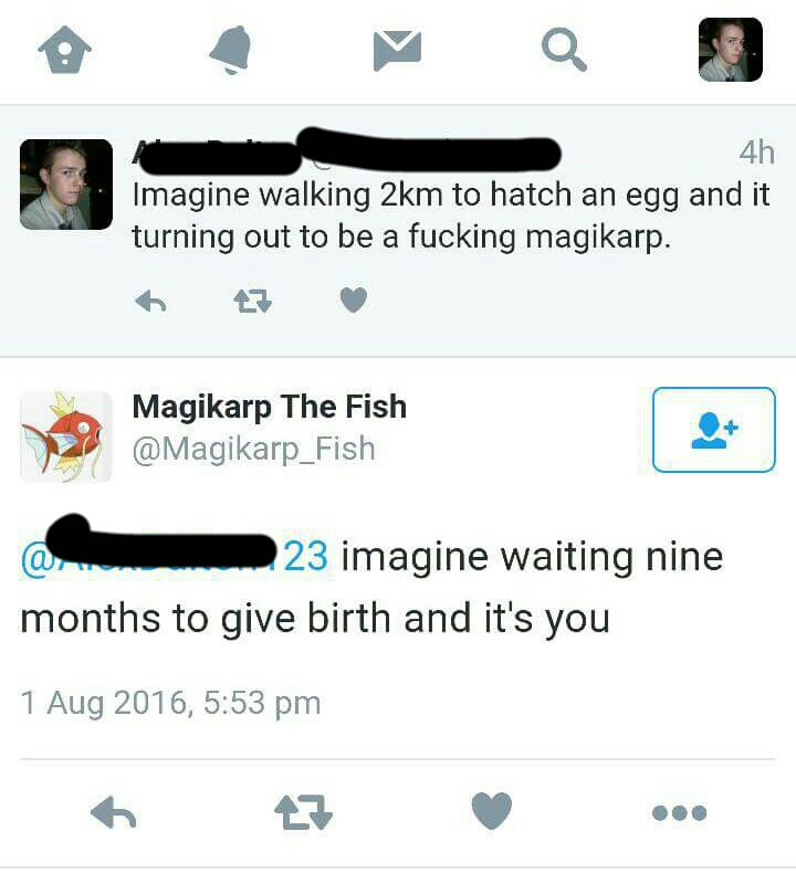 savage magikarp - 4h Imagine walking 2km to hatch an egg and it turning out to be a fucking magikarp. Magikarp The Fish Fish 23 imagine waiting nine months to give birth and it's you ,