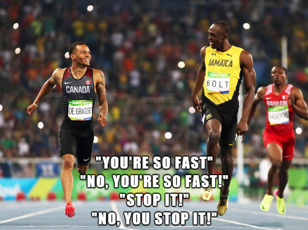 memes - andre de grasse and usain bolt memes - Jamaica Bolt Canada De Grasse "You'Re So Fast" "No, You'Re So Fast!" "Stop It!" "No, You Stop It!"