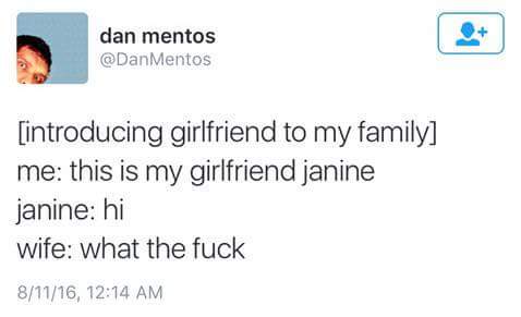memes - scottish twitter - dan mentos Mentos introducing girlfriend to my family me this is my girlfriend janine janine hi wife what the fuck 81116,
