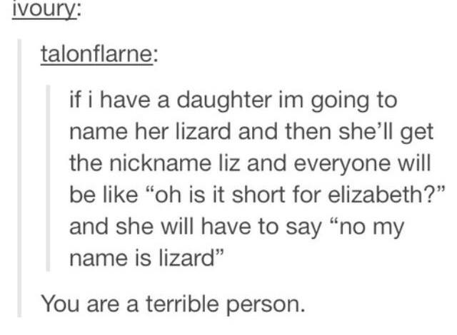 memes - suicide school - ivoury talonflarne if i have a daughter im going to name her lizard and then she'll get the nickname liz and everyone will be "oh is it short for elizabeth?" and she will have to say "no my name is lizard" You are a terrible perso