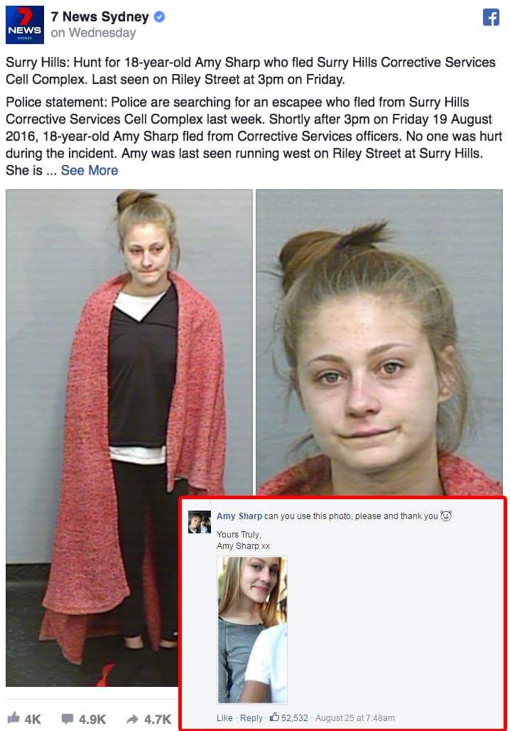 funny picture of a woman on facebook who asked the police to use a better picture of her for trying to find her as a fugitive