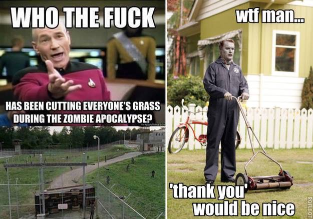 meme stream - cutting grass meme - Who The Fuck wtf man... Has Been Cutting Everyone'S Grass During The Zombie Apocalypse? 'thank you would be nice Roflbot
