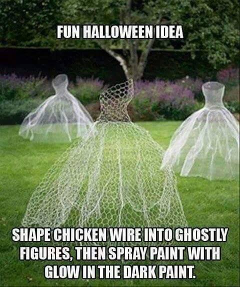 halloween decoration diy - Fun Halloween Idea Shape Chicken Wire Into Ghostly Figures, Then Spray Paint With Glow In The Dark Paint.