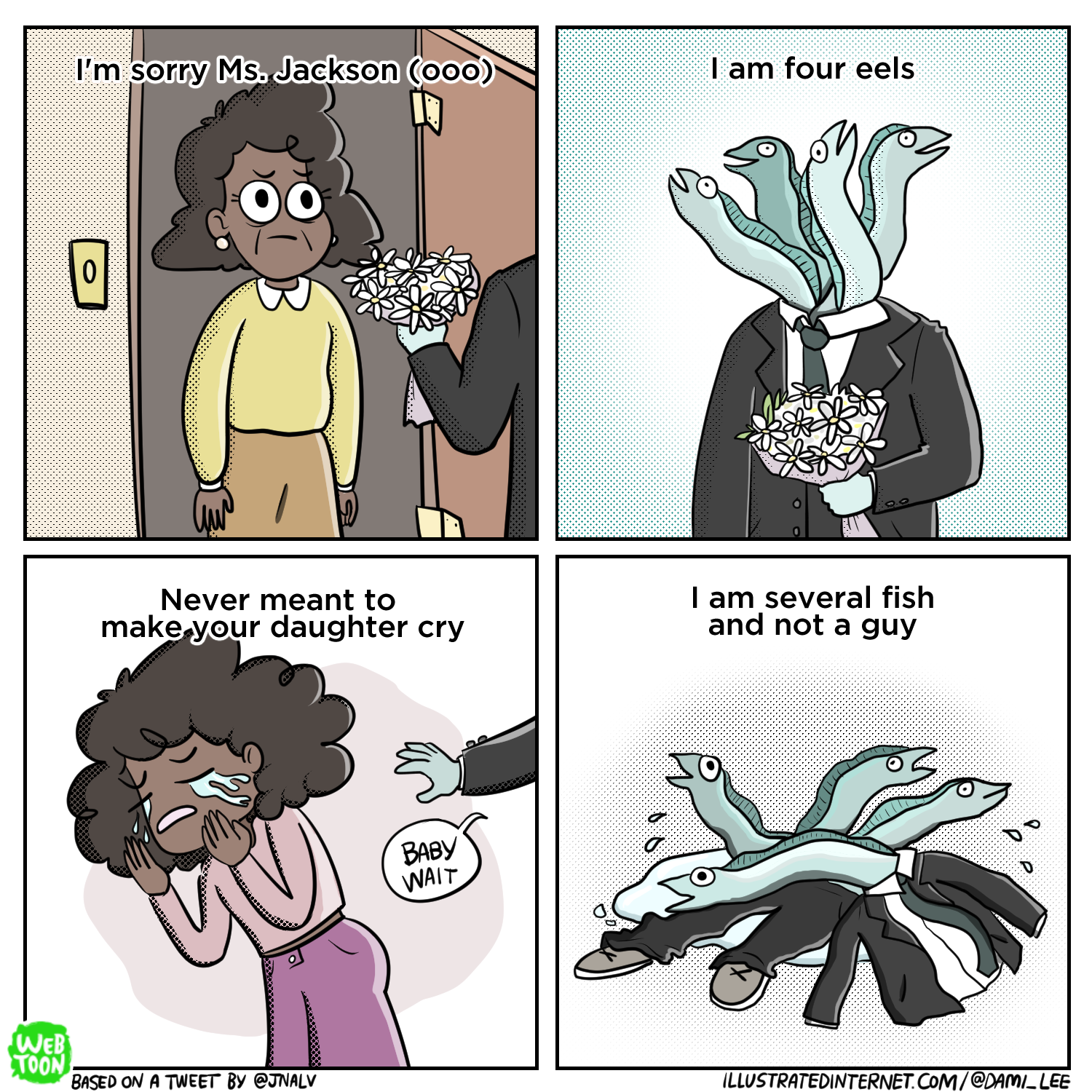 Funny 4-panel webcomic of alternative lyrics for I Am Sorry Ms. Jackson song by Outkast
