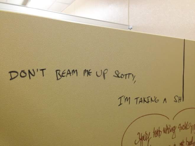 funny picture of writing on bathroom stall of beam me up scotty