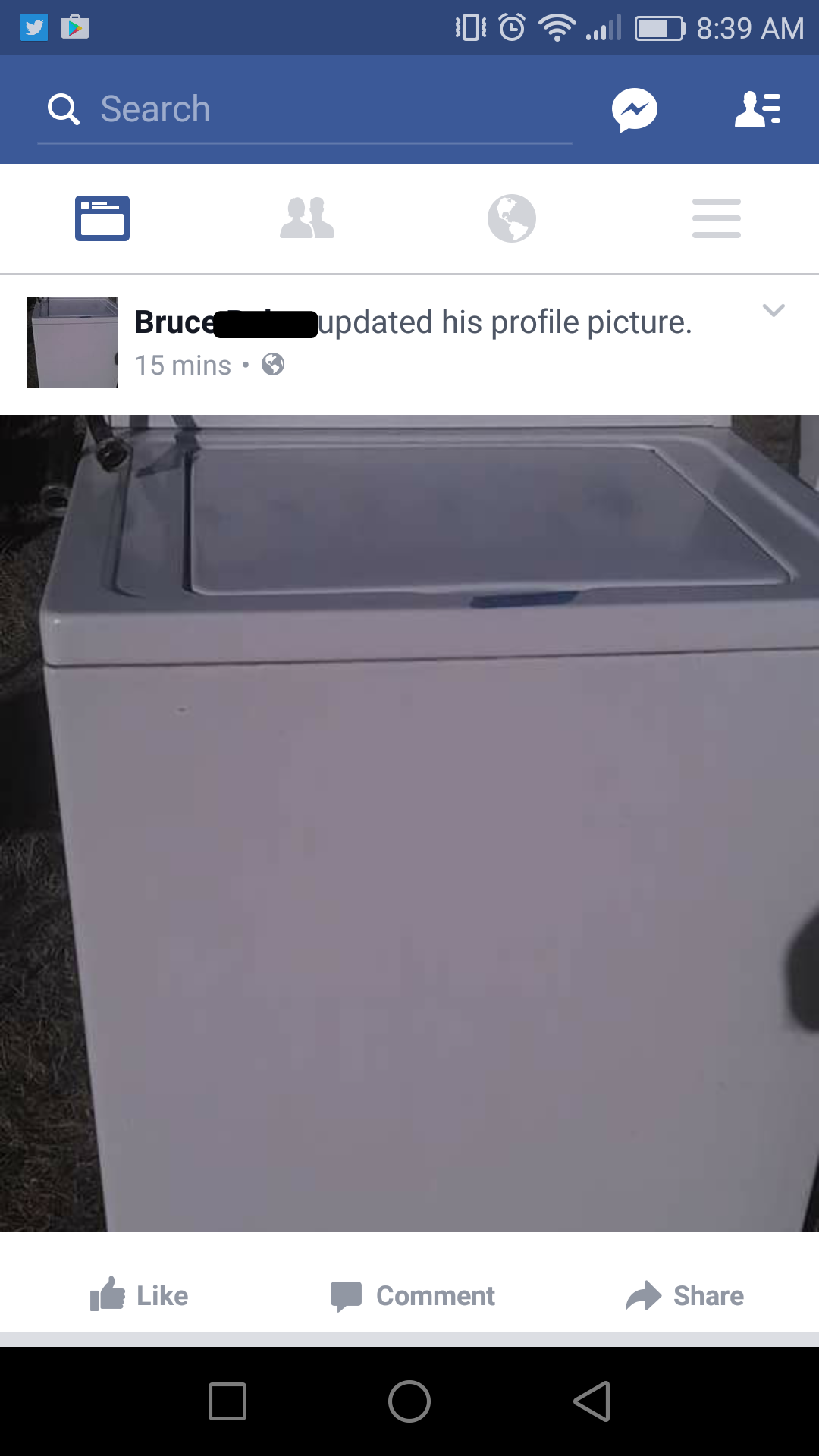 Bruce updated his profile picture to a washing machine
