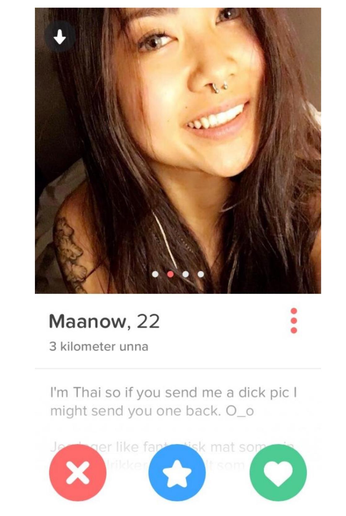 funny tinder bios - Maanow, 22 3 kilometer unna I'm Thai so if you send me a dick pic | might send you one back. O_o er fansk mat som X