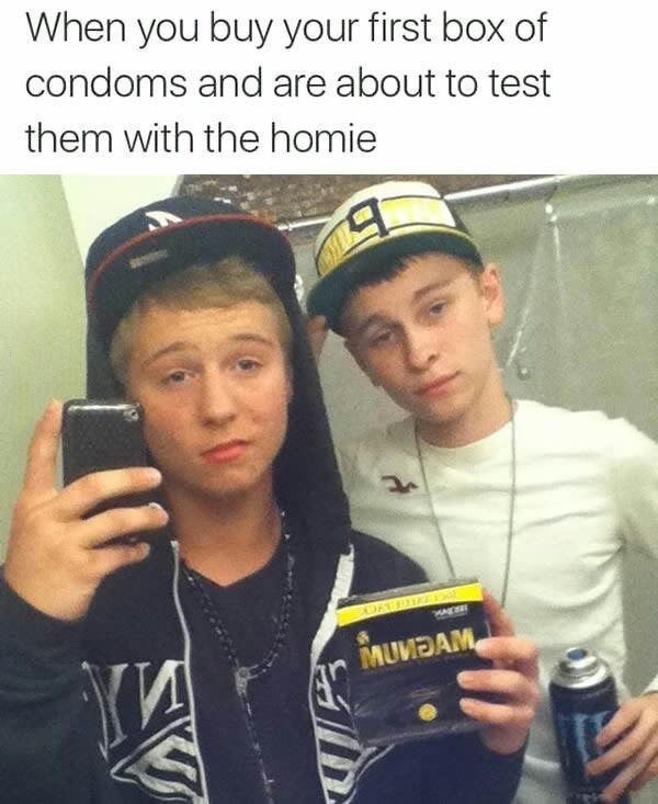 condoms on dicks - When you buy your first box of condoms and are about to test them with the homie Muvidam, Ip