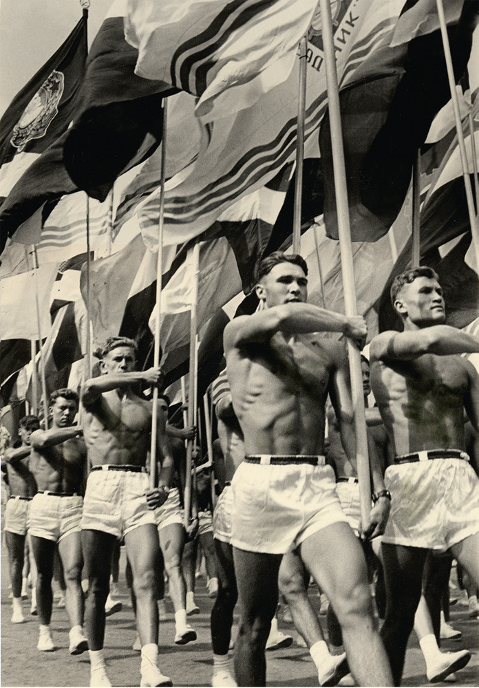 Soviet gym teachers parade in Moscow, 1956.