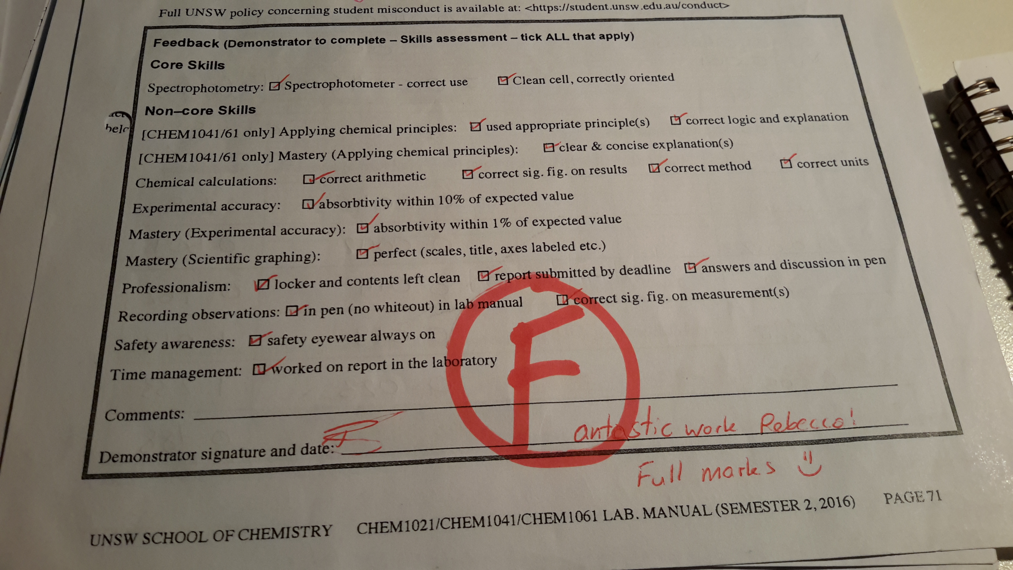 fuck o chem - Full Linsw policy concerning udent misconduct is available at http u den ww. conduct Feedback Demonstrator to complete Skills assessment tick All that apply Core Skills Spectrophotometry Spectrophotometercorrectie Clean cell, correctly orien