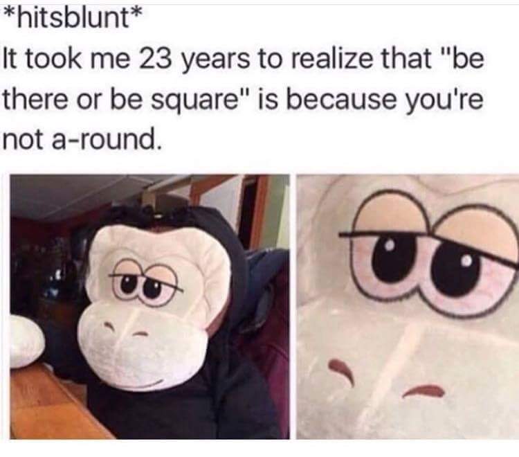 took me 20 years to realise - hitsblunt It took me 23 years to realize that "be there or be square" is because you're not around.