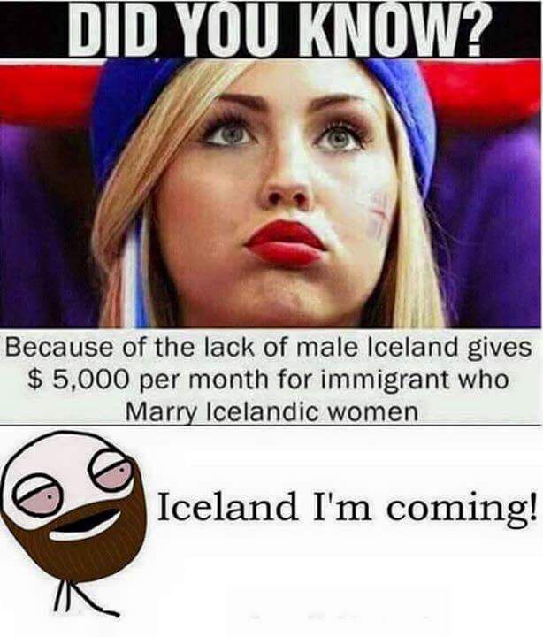 lack of male in iceland - Did You Know? Because of the lack of male Iceland gives $ 5,000 per month for immigrant who Marry Icelandic women Iceland I'm coming!