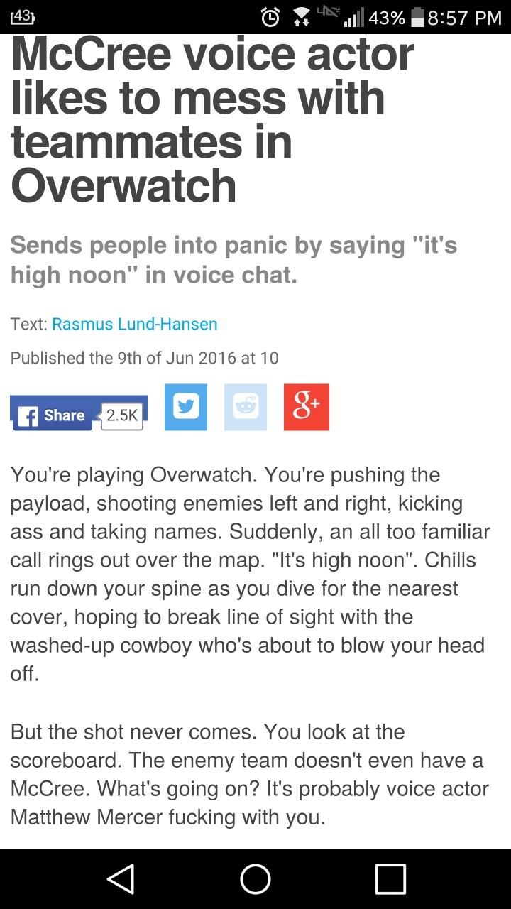 screenshot - 43 .4.43% McCree voice actor to mess with teammates in Overwatch Sends people into panic by saying "it's high noon" in voice chat. Text Rasmus LundHansen Published the 9th of at 10 8 You're playing Overwatch. You're pushing the payload, shoot