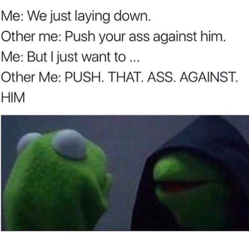 memes - freaky kermit memes - Me We just laying down. Other me Push your ass against him. Me But I just want to ... Other Me Push. That. Ass. Against. Him