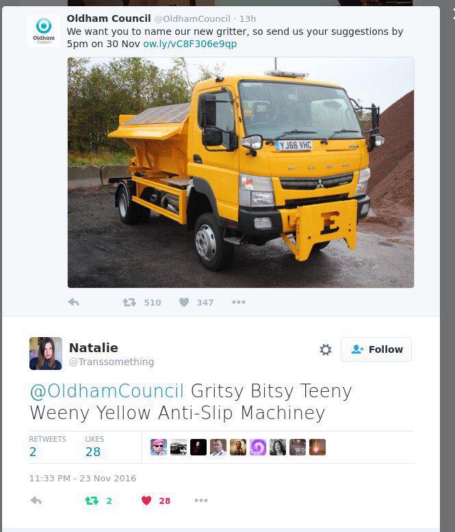 teeny weeny anti slip machiney - oldham Council OldhamCouncil. 13h We want you to name our new gritter, so send us your suggestions by 5pm on 30 Nov ow.lyvC8F306e9qp Oldham YJ66 Vhc 3510 347 Natalie Council Gritsy Bitsy Teeny Weeny Yellow AntiSlip Machine