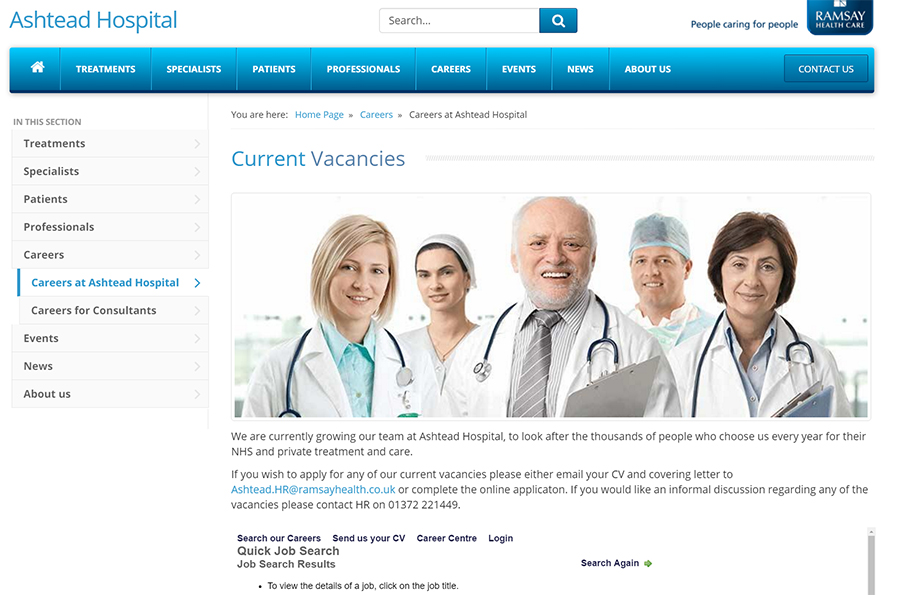 group of old doctors - N Ashtead Hospital Search... People caring for people Ramsay Treatments Specialists Patients Professionals Careers Events News About Us Contact Us You are here Home Page > Careers Careers at Ashtead Hospital In This Section Treatmen