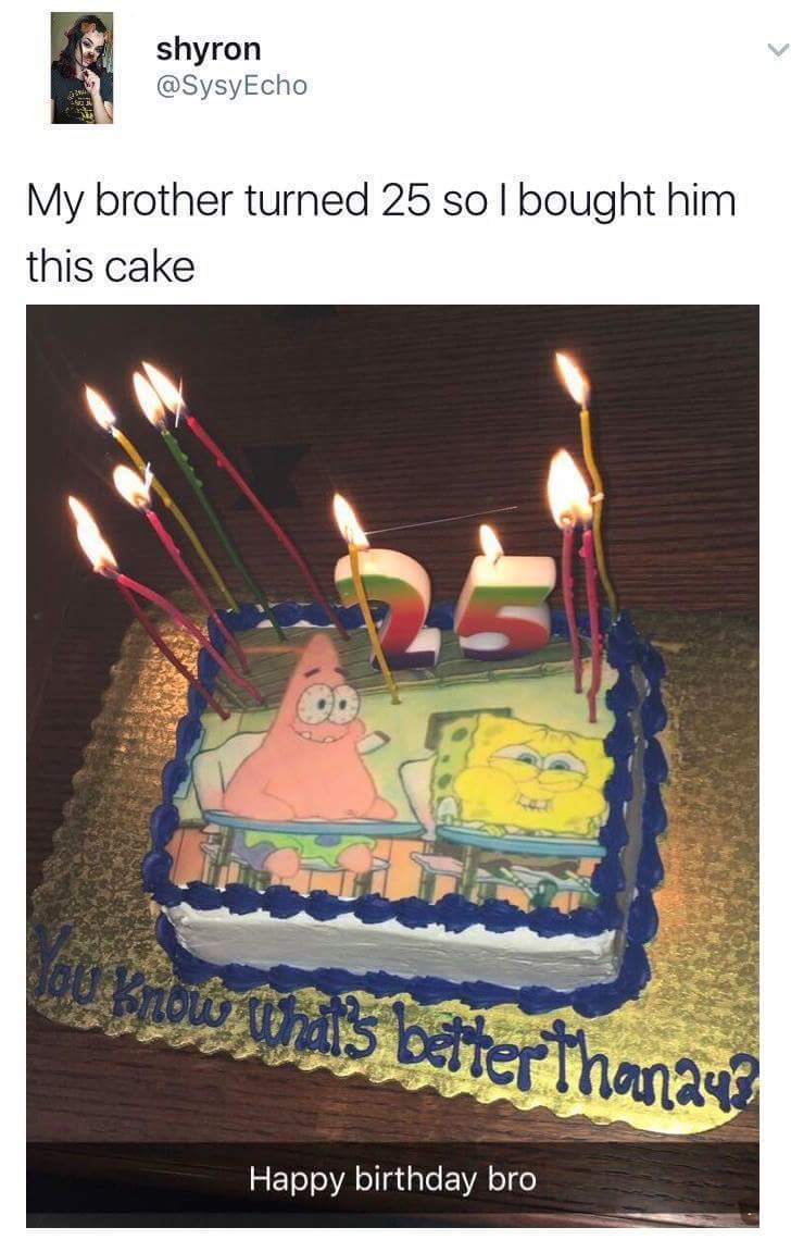 funny picture of a Spongebob Squarepants birthday cake someone got for his brother