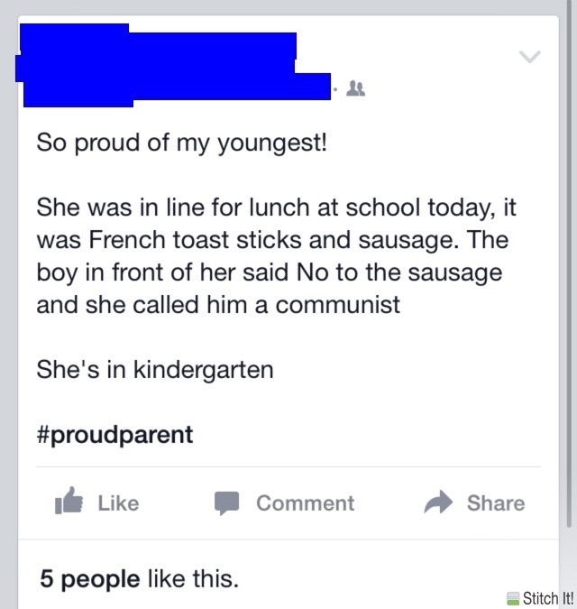 document - So proud of my youngest! She was in line for lunch at school today, it was French toast sticks and sausage. The boy in front of her said No to the sausage and she called him a communist She's in kindergarten I Comment 5 people this. Stitch It!