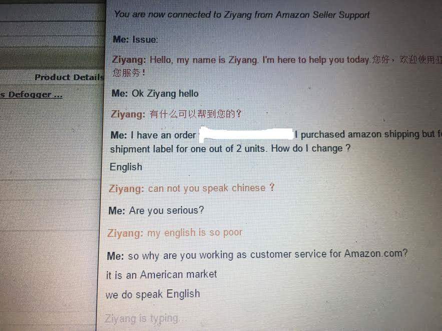 document - You are now connected to Ziyang from Amazon Seller Support Me Issue , Je Ziyang Hello, my name is Ziyang. I'm here to help you today Product Details 2 Hs. s Defogger... Me Ok Ziyang hello Ziyang ft 2pDPOR? Me I have an order I purchased amazon 