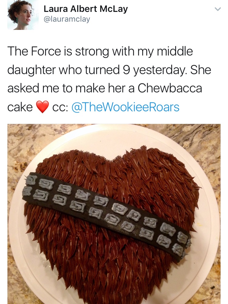 chocolate - Laura Albert McLay The Force is strong with my middle daughter who turned 9 yesterday. She asked me to make her a Chewbacca cake Cc
