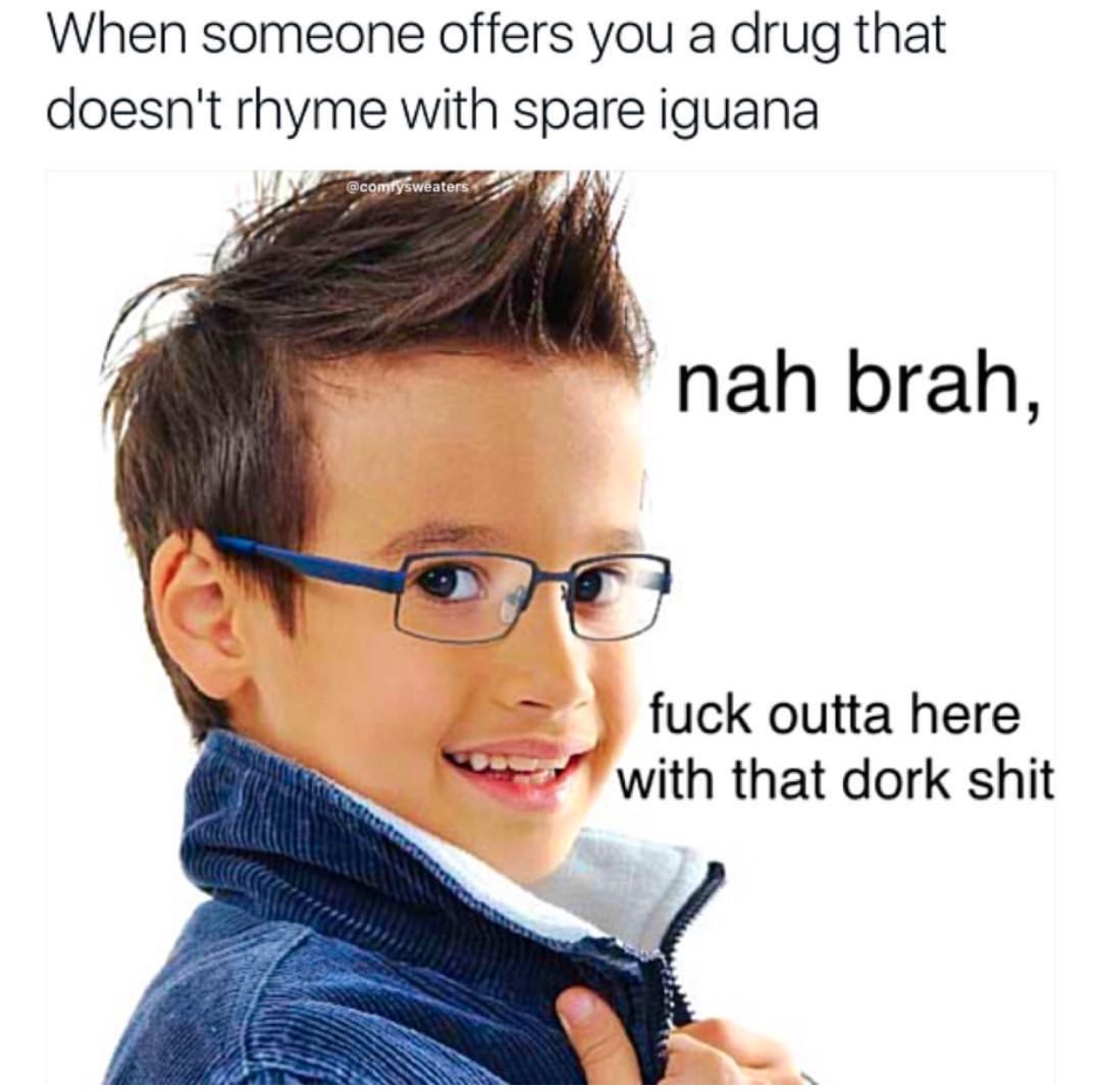 Humour - When someone offers you a drug that doesn't rhyme with spare iguana nah brah, fuck outta here with that dork shit