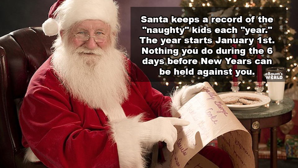santa claus making list - Santa keeps a record of the "naughty" kids each "year." The year starts January 1st. Nothing you do during the 6 days before New Years can be held against you. eBaum's Wrld