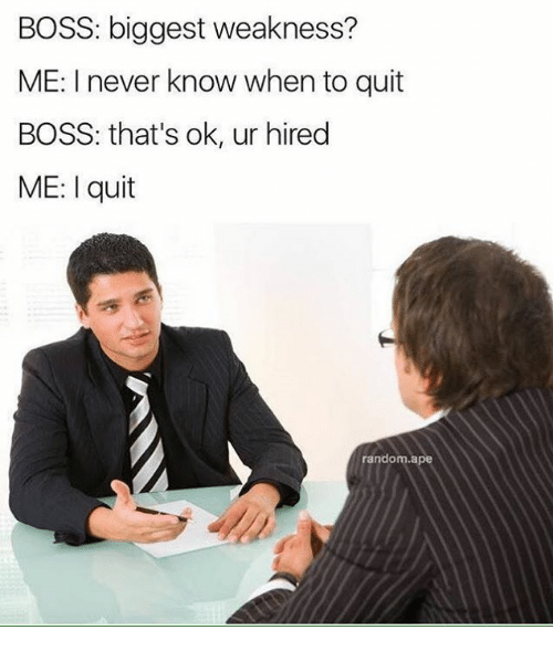 never know when to quit - Boss biggest weakness? Me I never know when to quit Boss that's ok, ur hired Me I quit random.ape